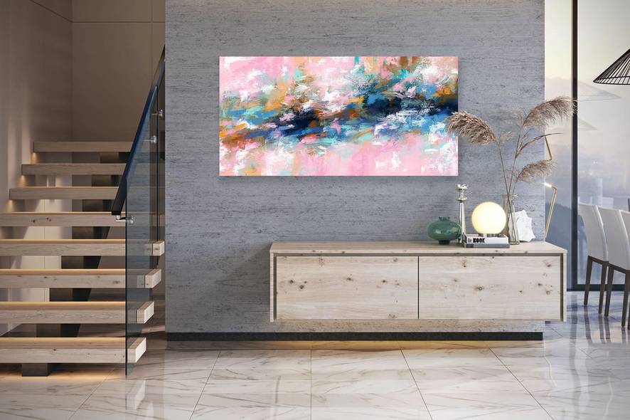 Blue Hand-Painted Contemporary - big contemporary canvas for dining room